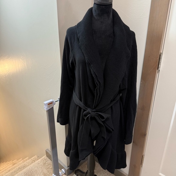 Miss Me Sweaters - Miss Me Black Flowy Tie Front Cardigan Sweater Heavyweight Long Length Knit Wrap